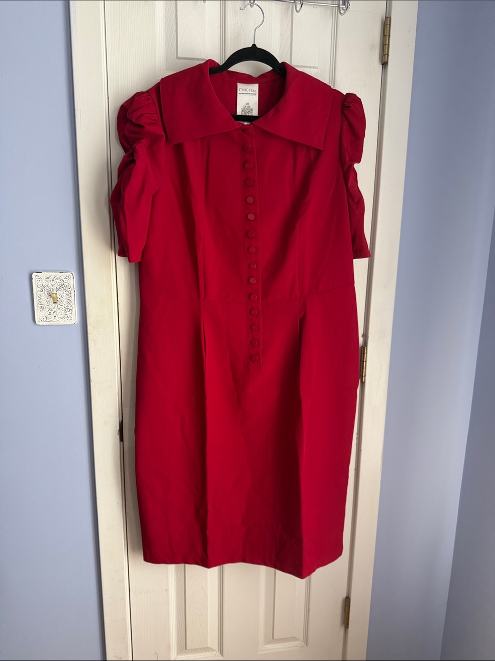 Red Midi Dress with Button-Front and Puff Sleeves